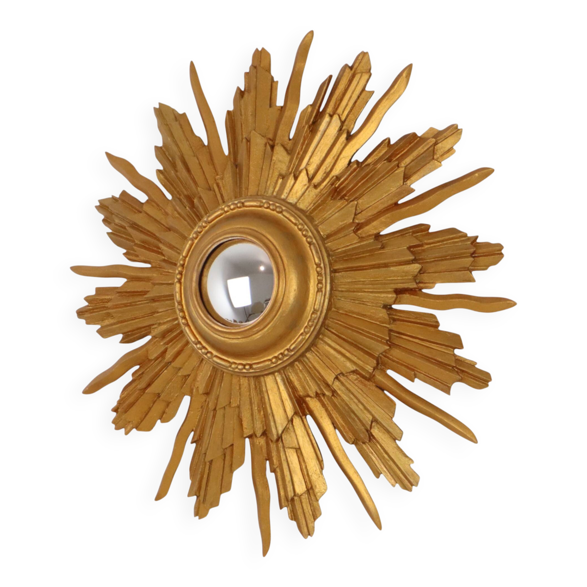 Vintage Wooden Sunburst Convex Mirror, Gold, 46cm