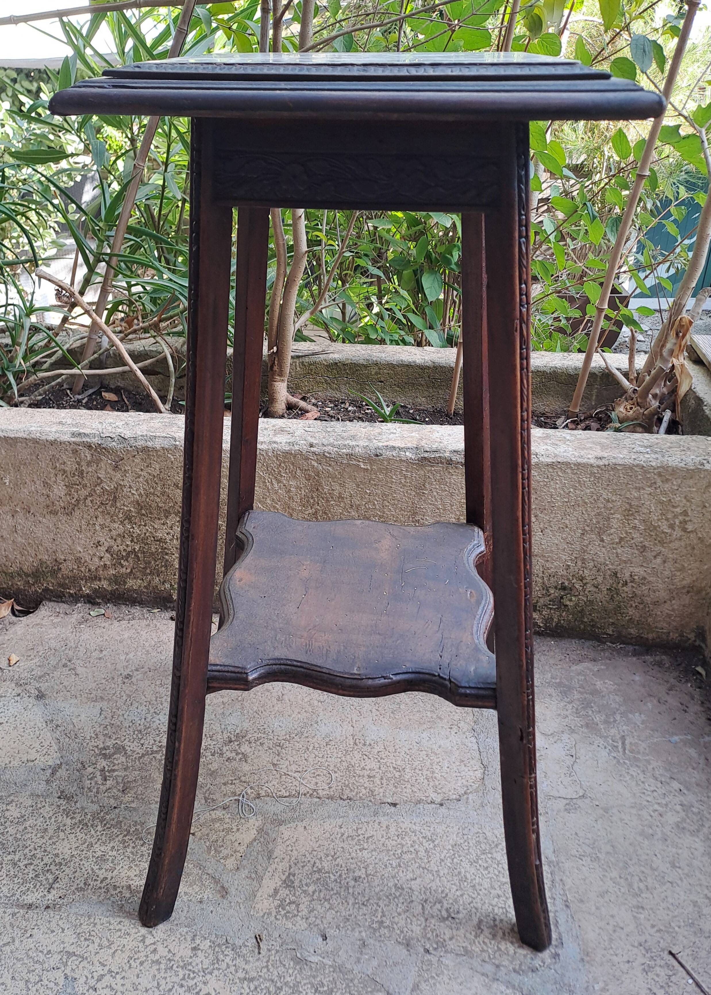 High art nouveau pedestal table brown wood varnished marble france 20's retro vintage decoration
