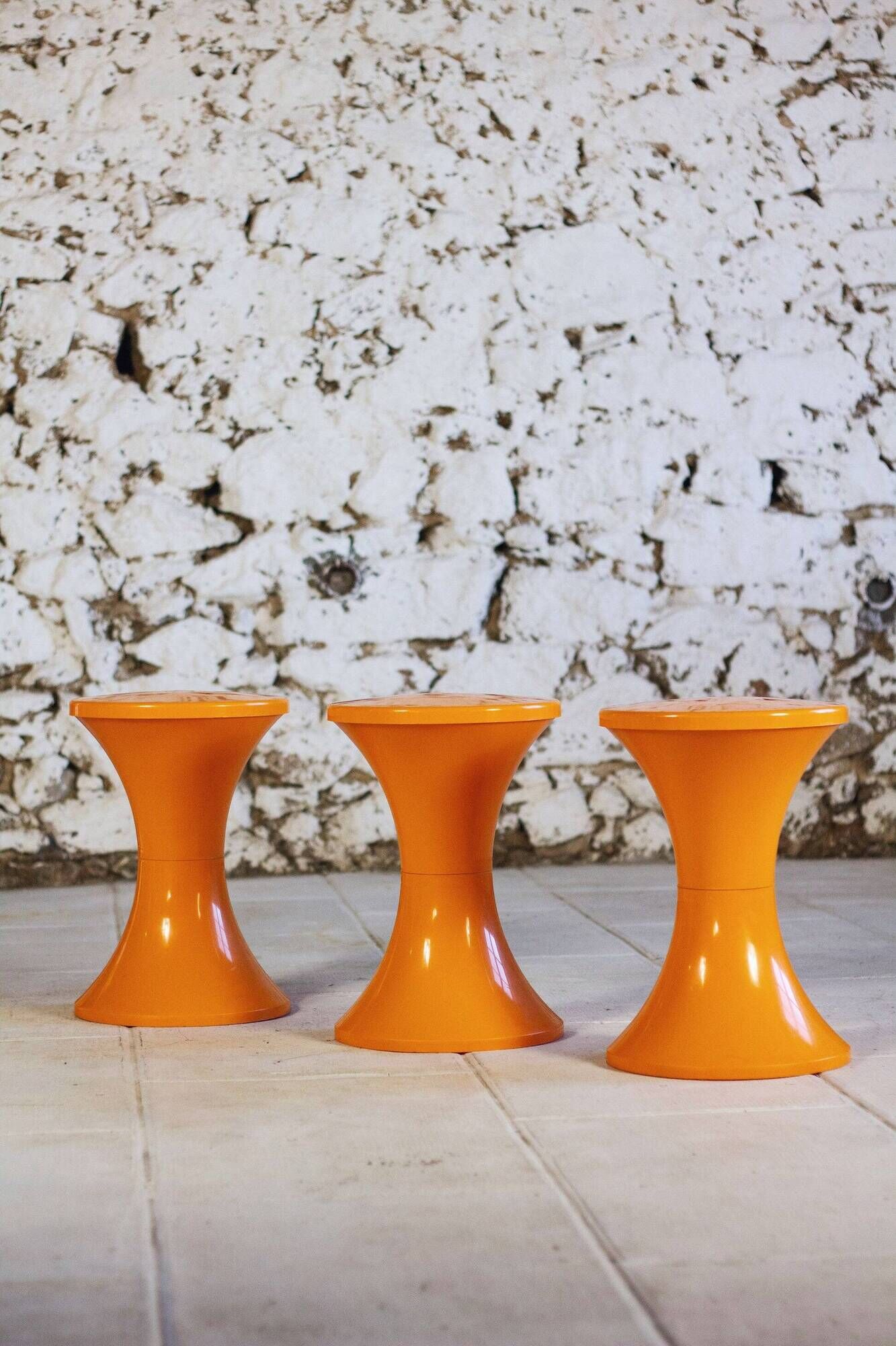 Set of 3 Tam Tam stools in orange by Henri Massonnet for Stamp, 1970.