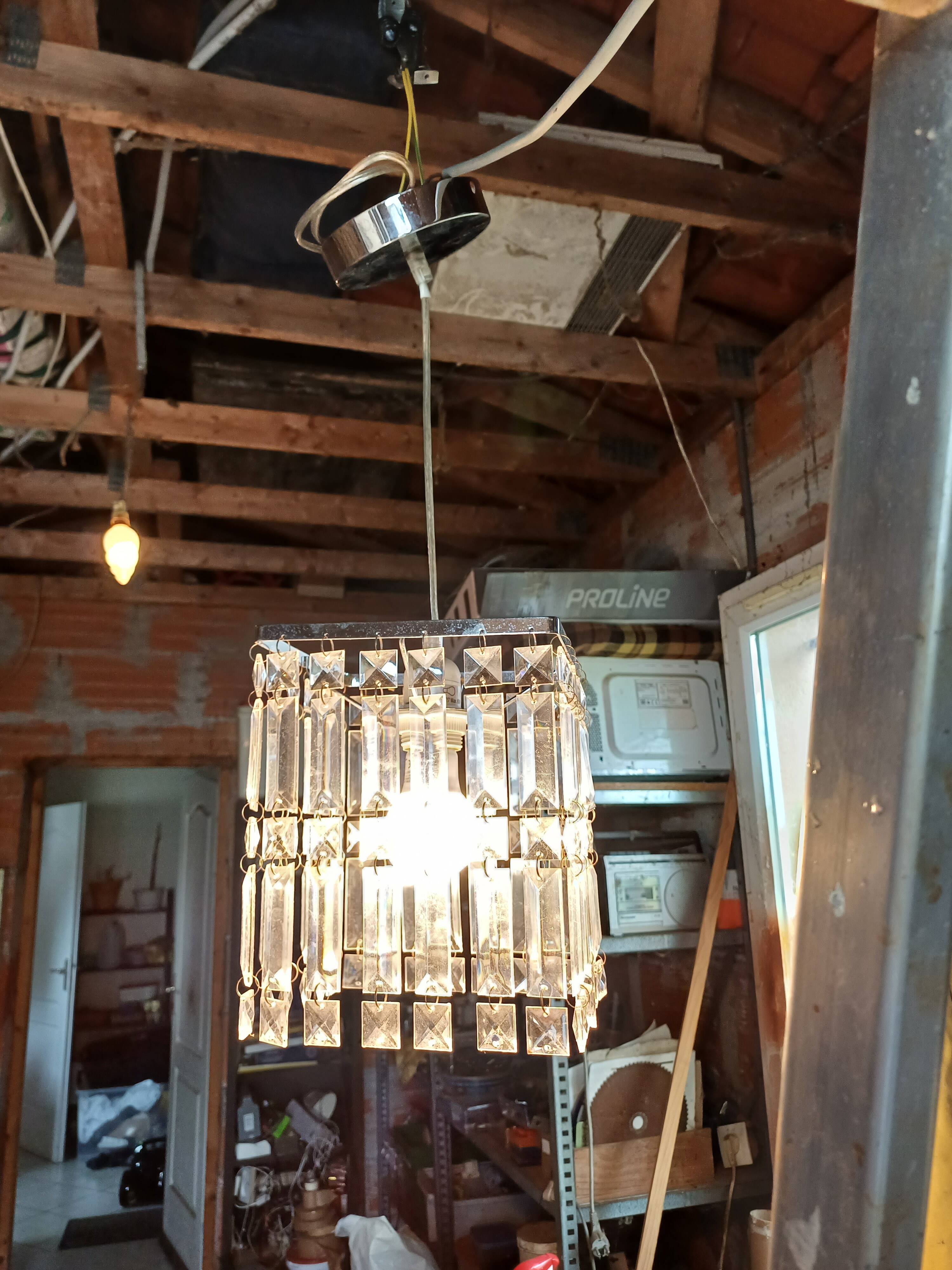 Vintage Chrome Chandelier and Transparent Plastic Pendants