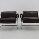 1950s Pair of Tubular Armchairs in Leather, Czechoslovakia