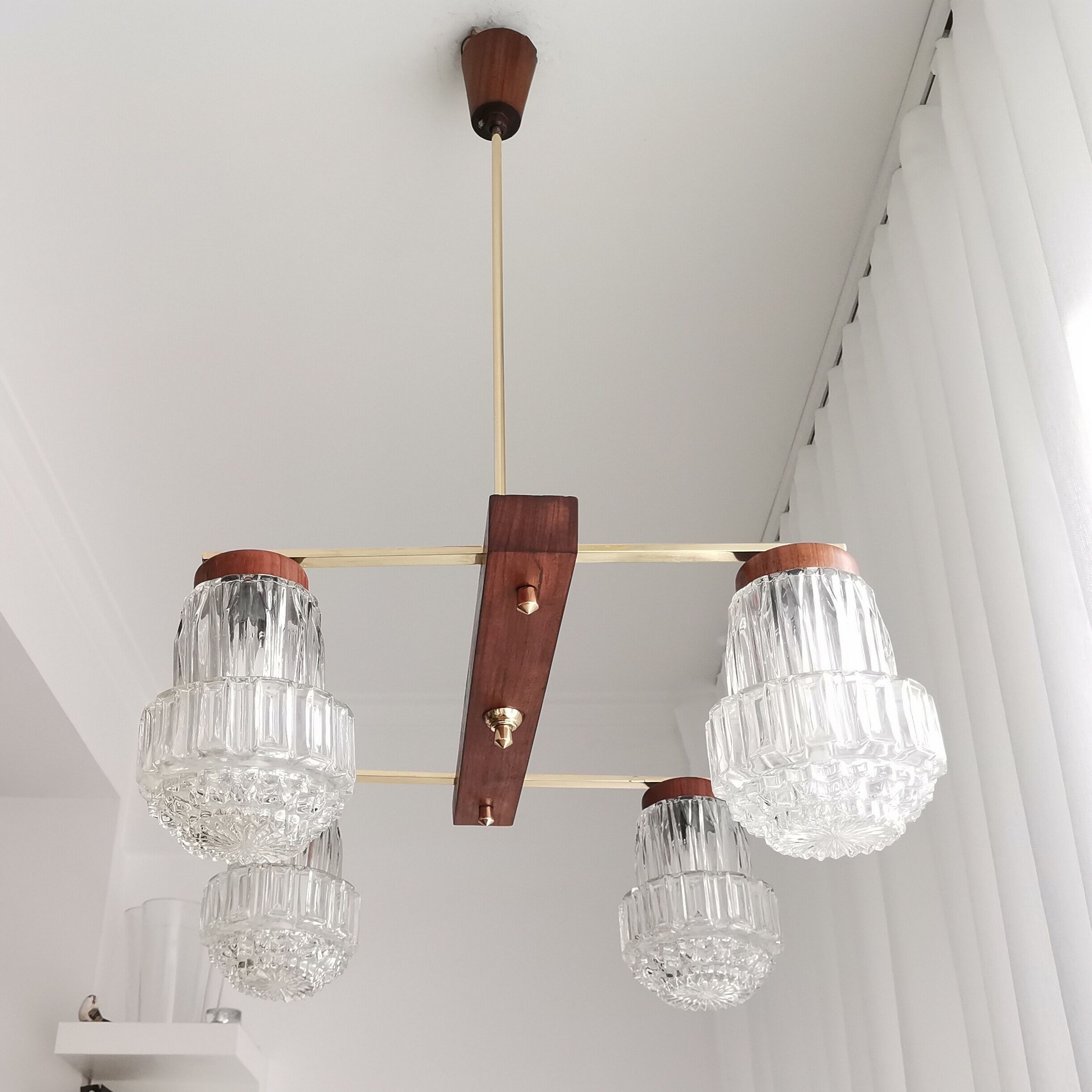 Vintage 60s rustic 4-light  wooden chandelier