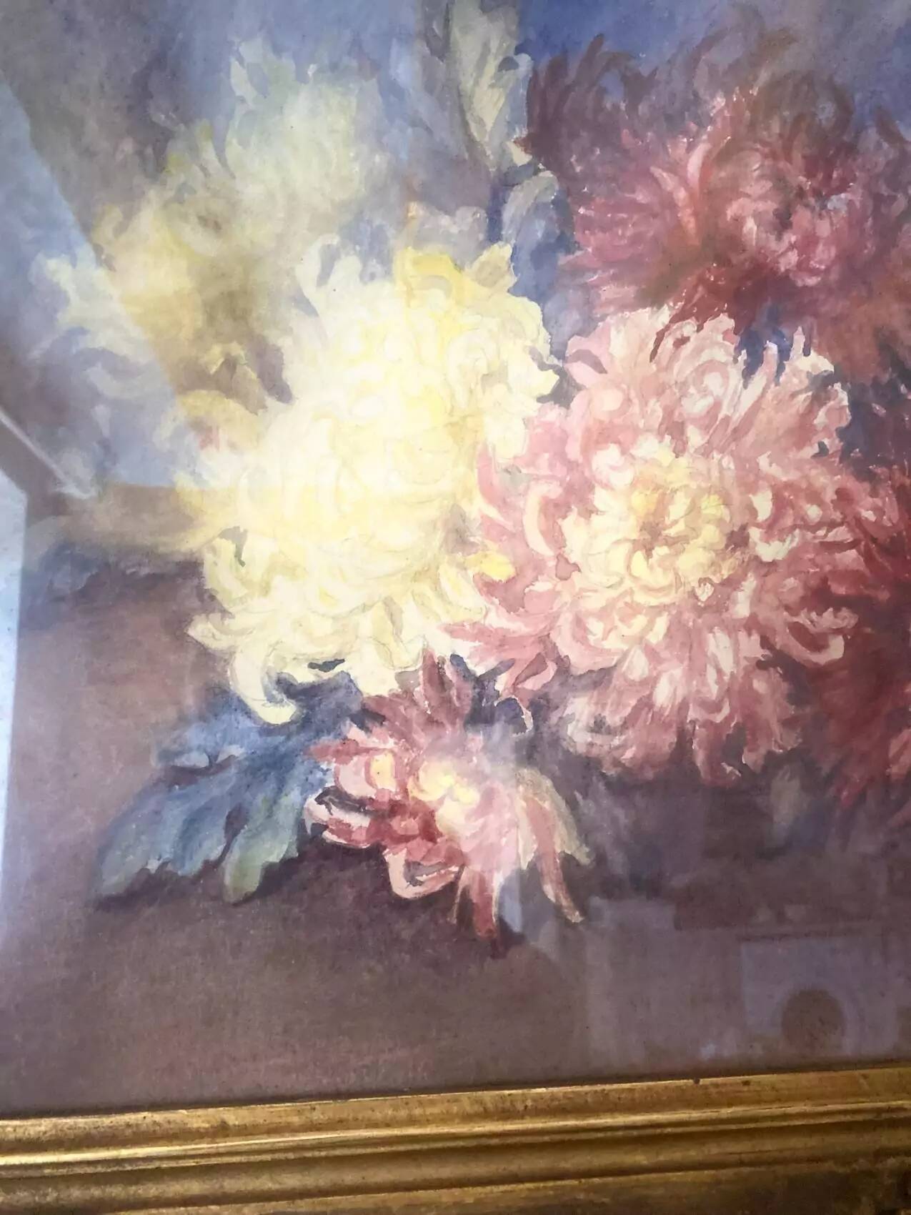 Tableau, aquarelle nature morte aux fleurs signée, sous verre, 1900
