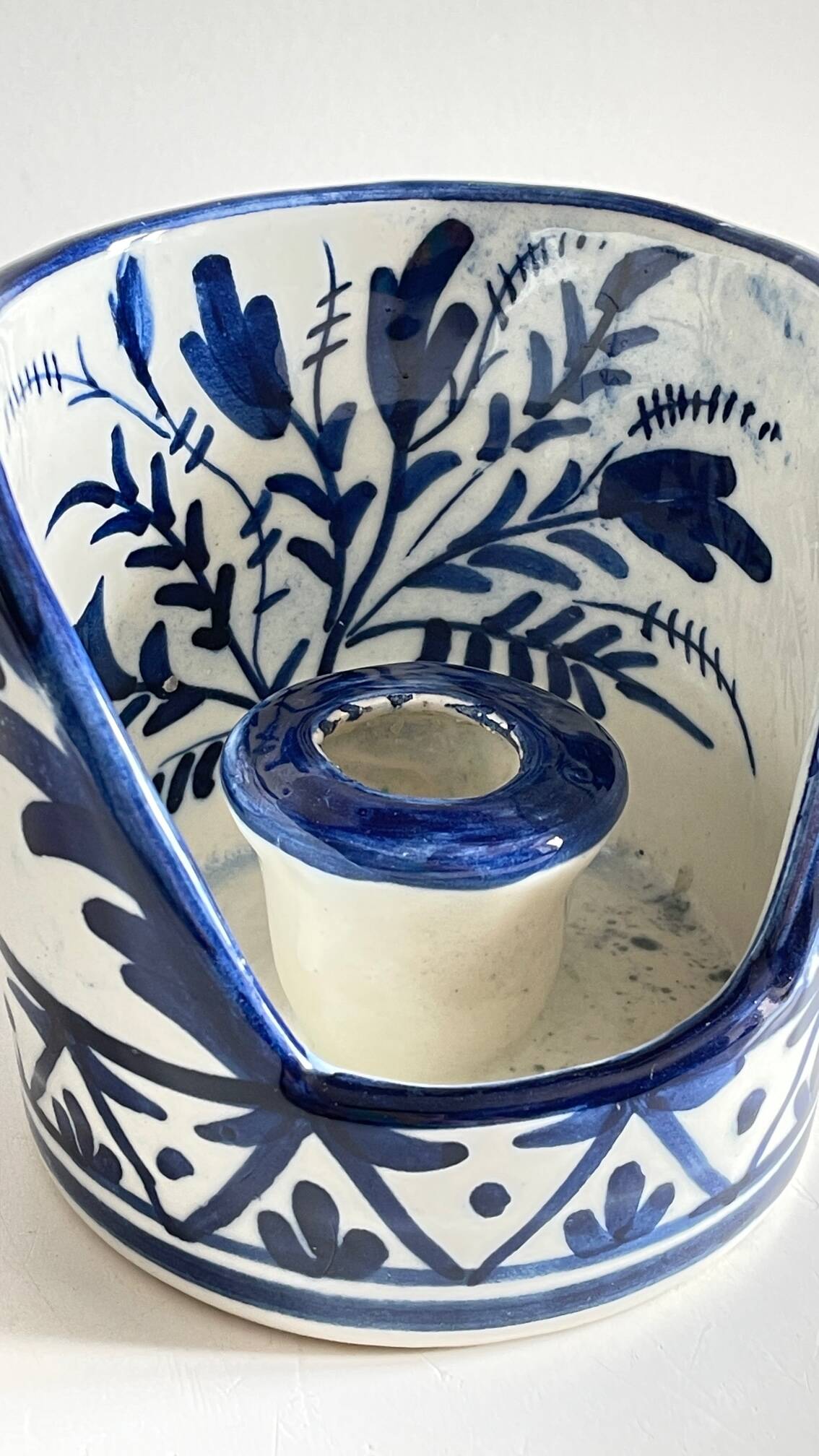 Blue ceramic hand candle holder vintage craft