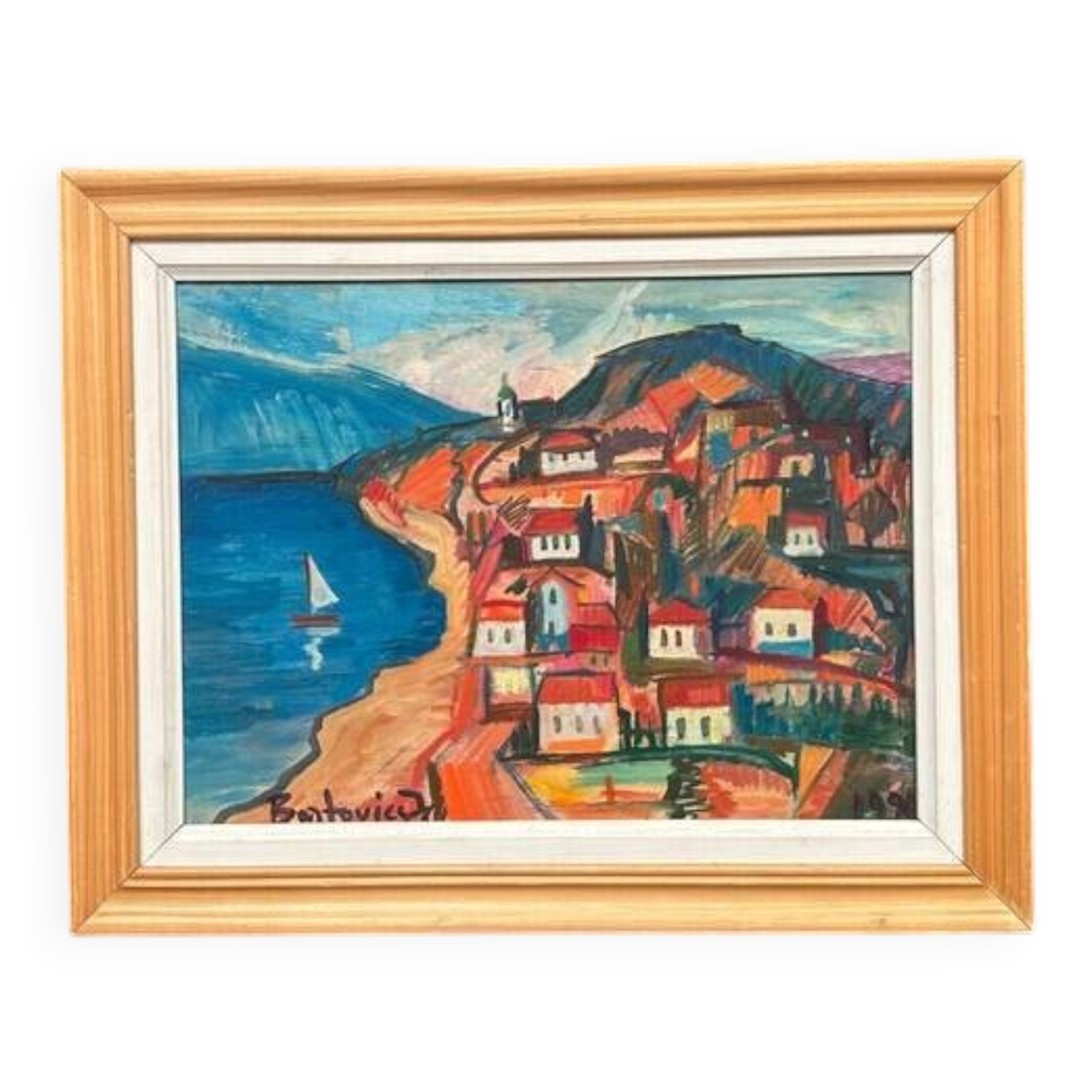 Original Swedish Oil on Panel – “Coastal Town” by Bartovicz 71 – Vintage & Framed – 51 × 41 cm (20" x 16.1")