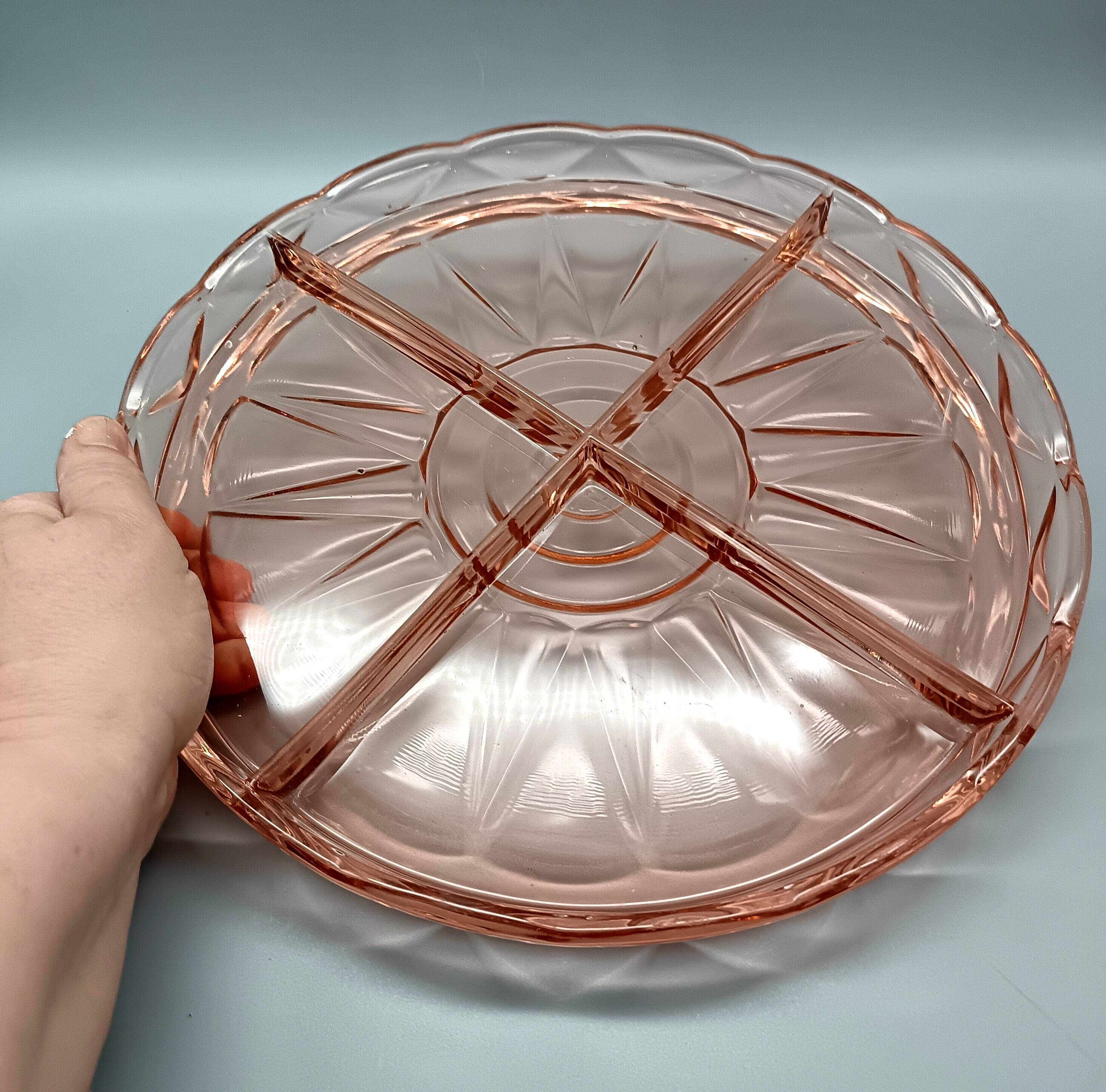 Beautiful pink dish with 4 compartments in vintage pressed glass