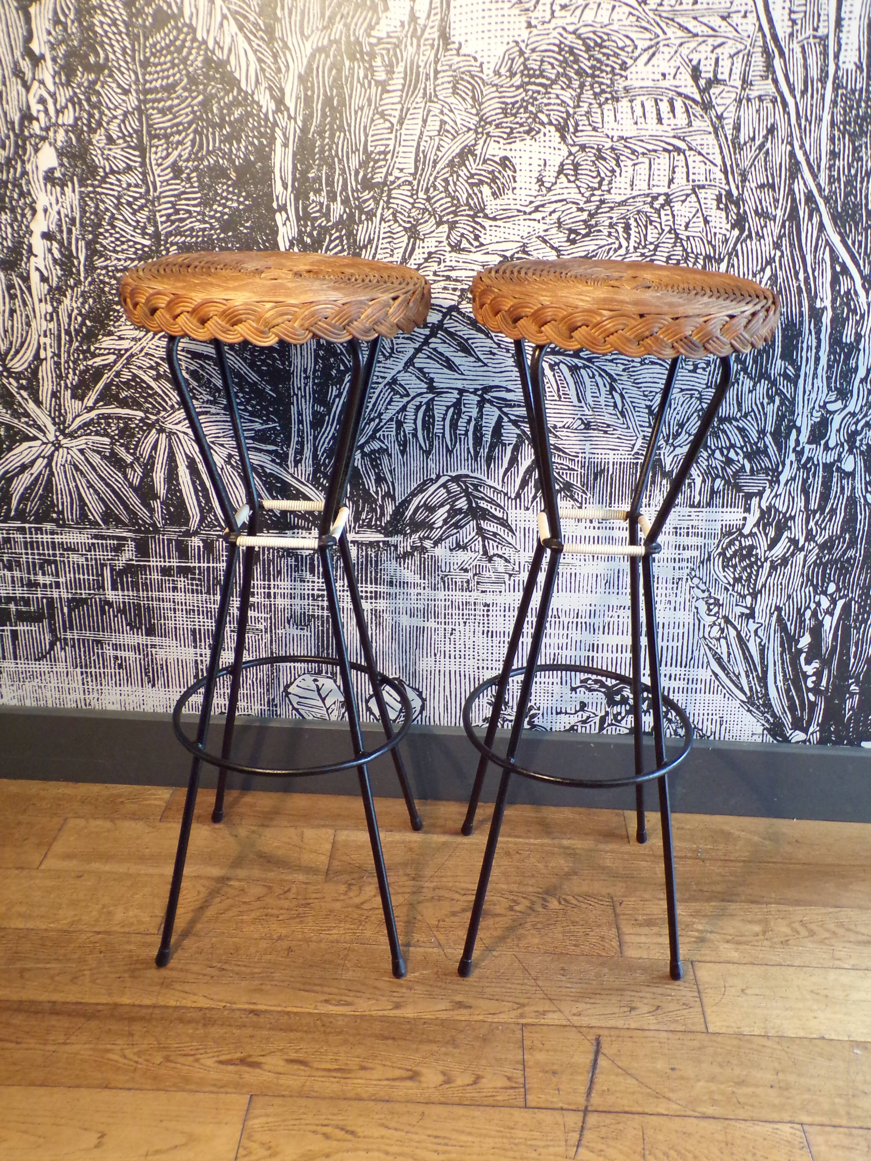 Pair of 1950s iron and rattan bar stools