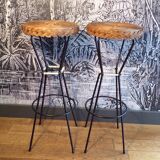Pair of 1950s iron and rattan bar stools