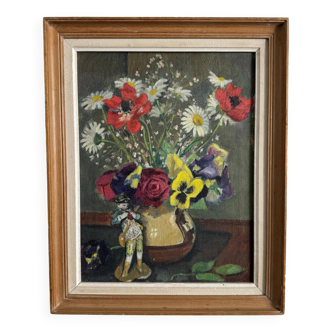 Oil on canvas still life with flowers and statuette 1920