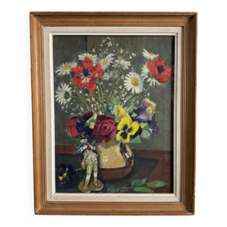 Huile sur toile nature morte aux fleurs et statuette 1920