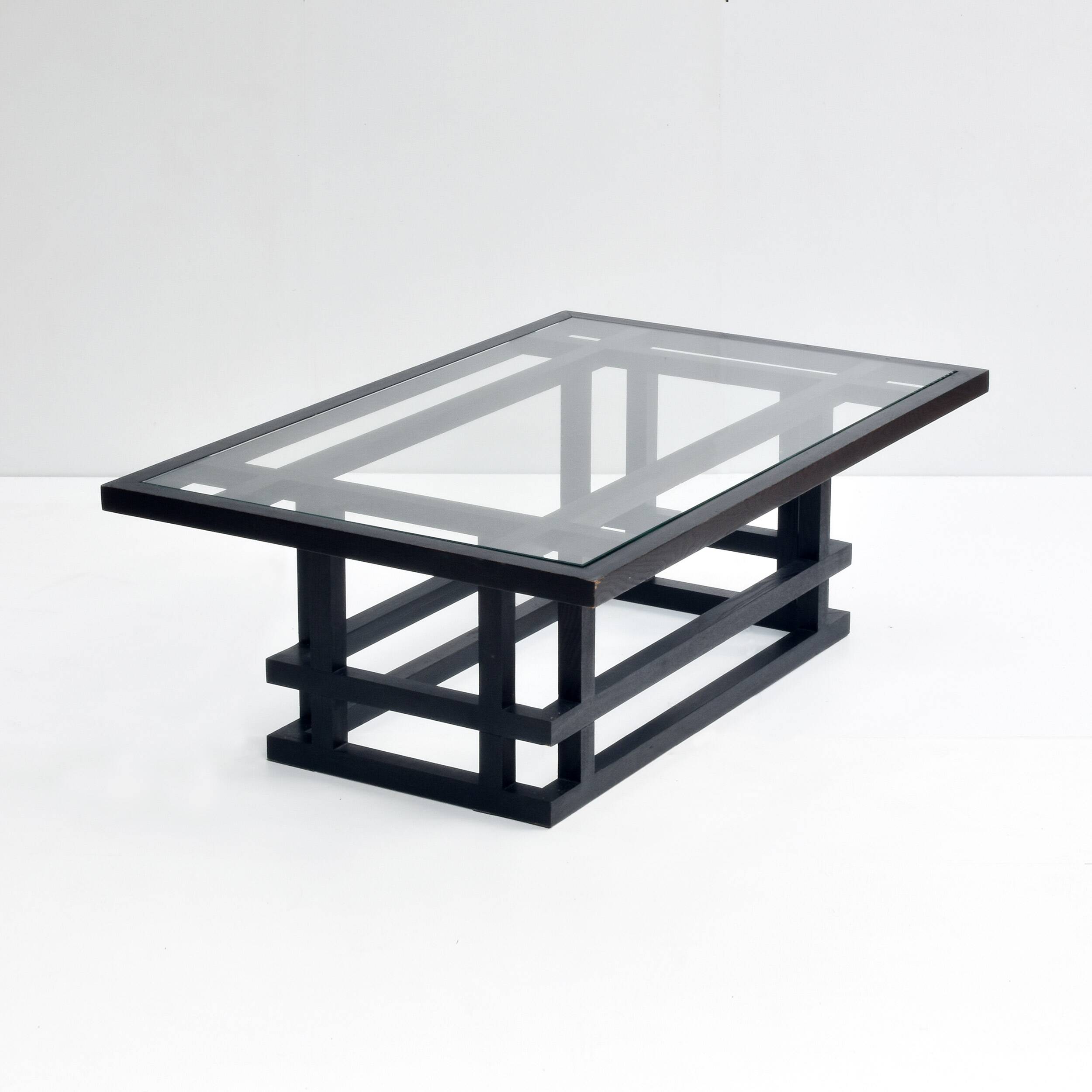 Table basse bois et verre années 80