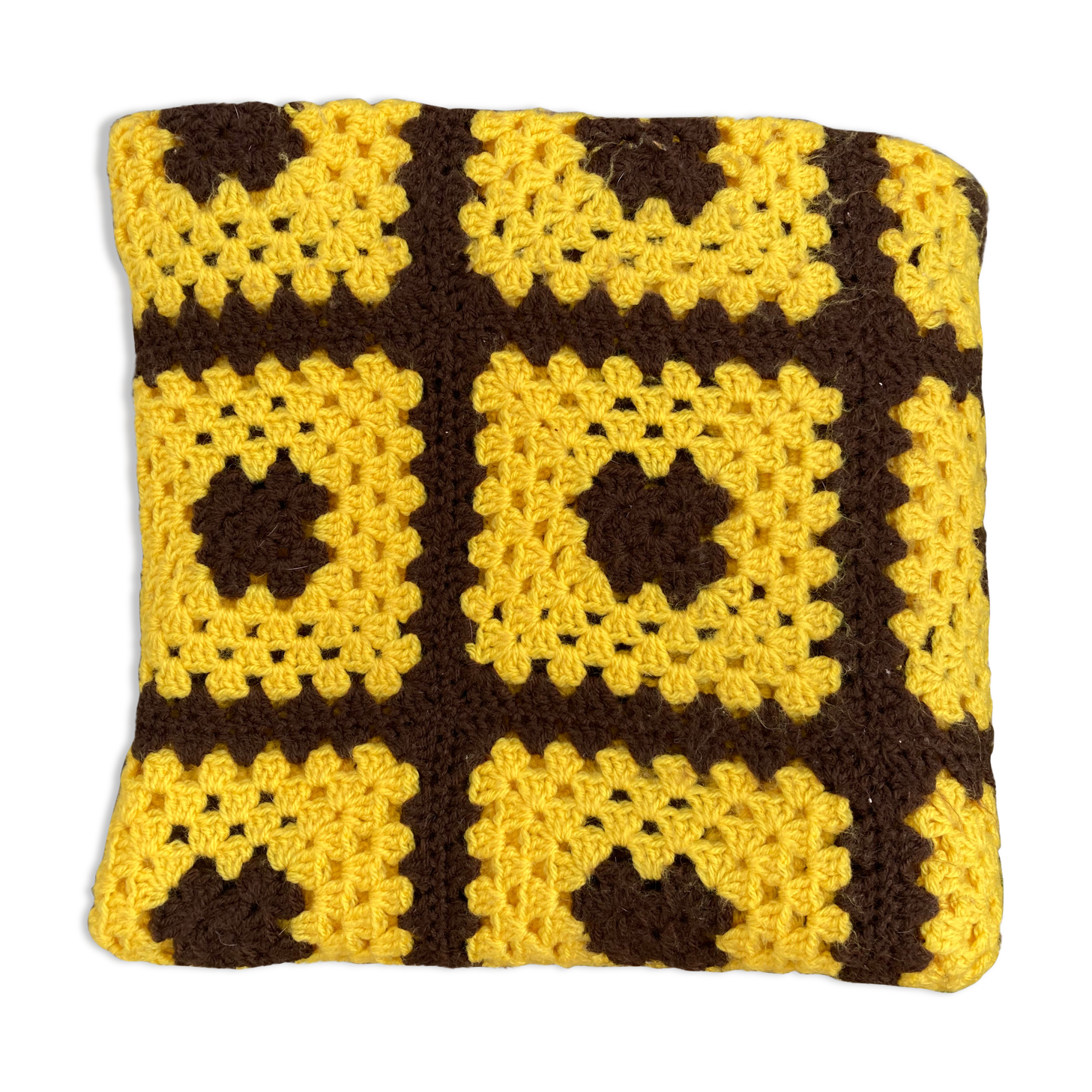 Brown and yellow crochet wool plaid - vintage cover
