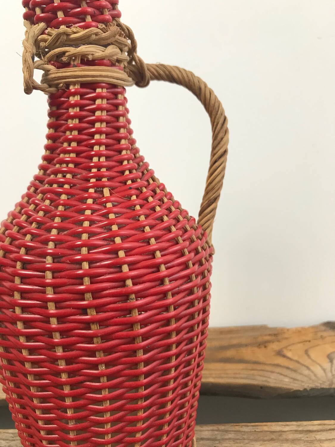 Bottle with rattan weaving and vintage scoubidou