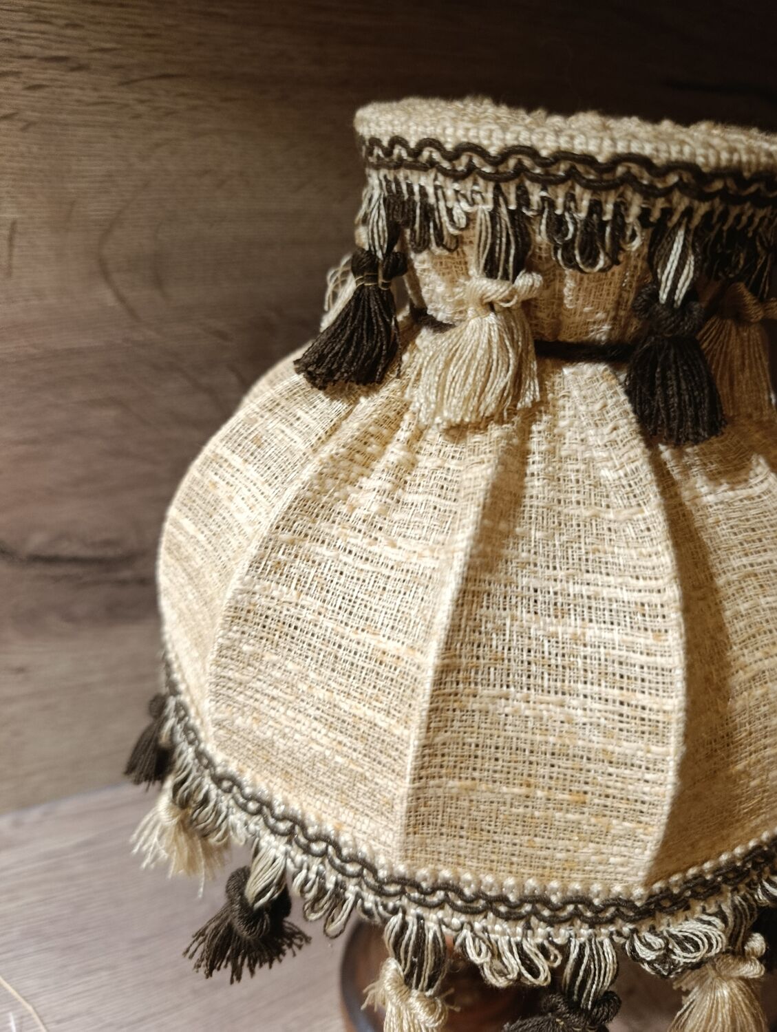 Wood bedside lamp with dome shade in granny chic style.