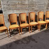 Six Art Deco chairs, 1960s, beech and cane