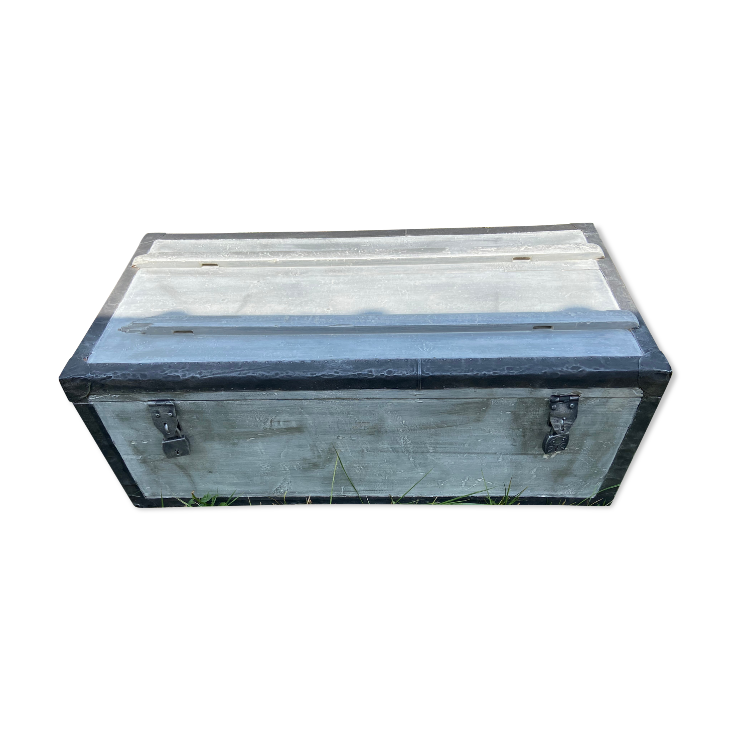 Restored wooden trunk patinated grey