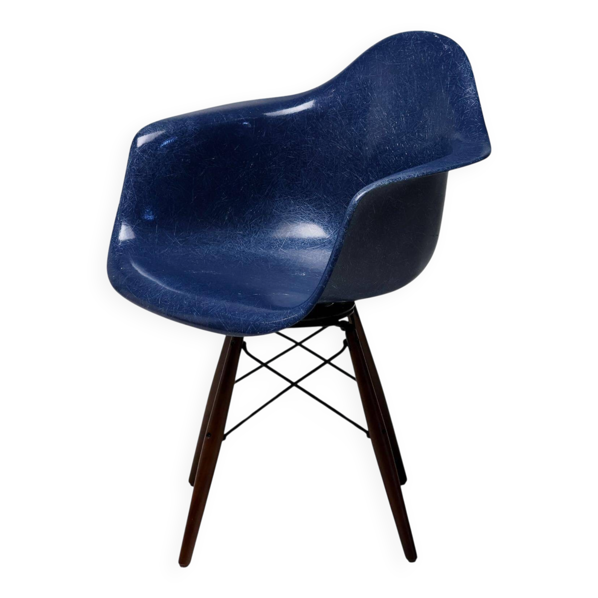Indigo blue Charles Eames "PAW" armchair by Herman Miller, mid-century modern.
