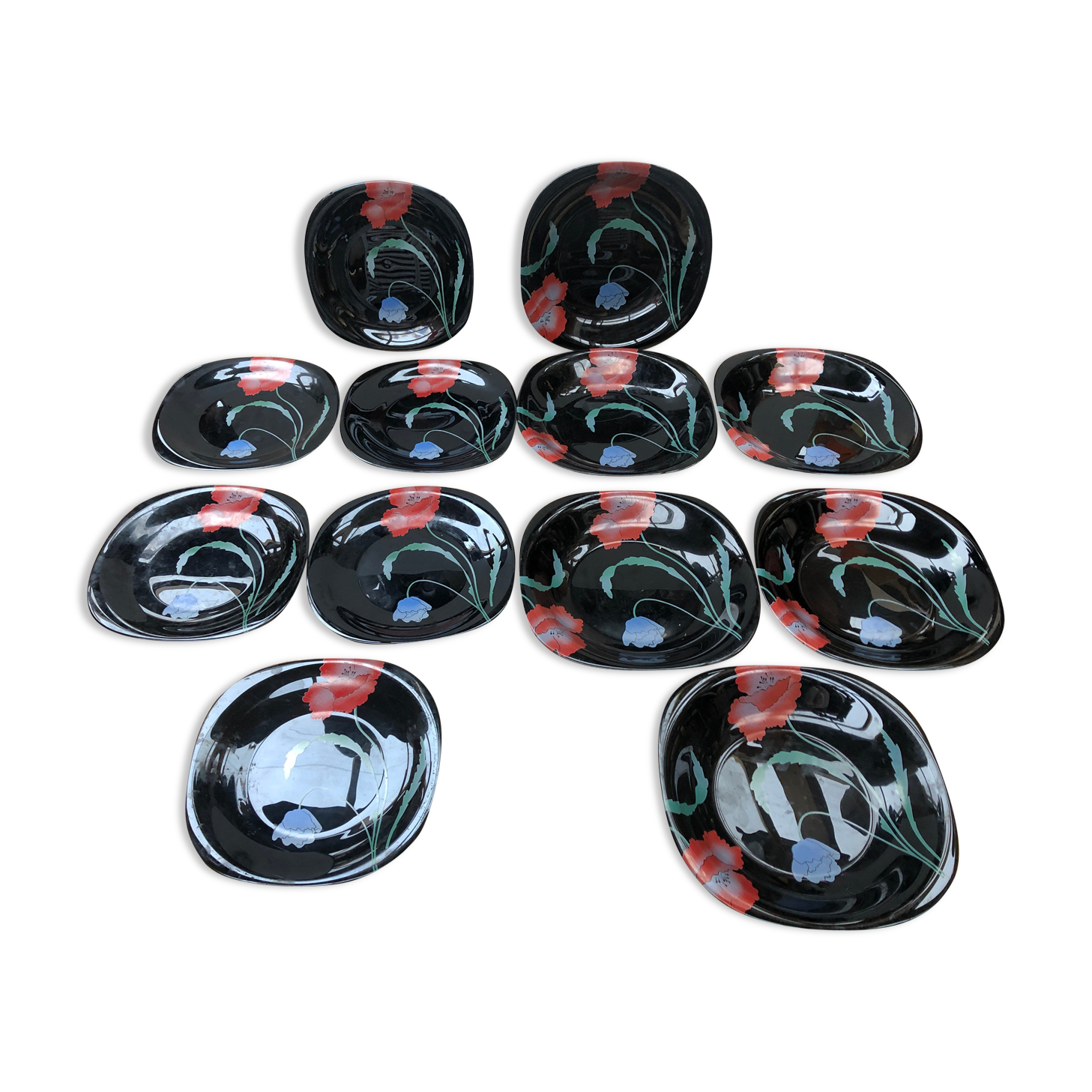 Series 12 old black opaline plates with vintage art deco flower decor