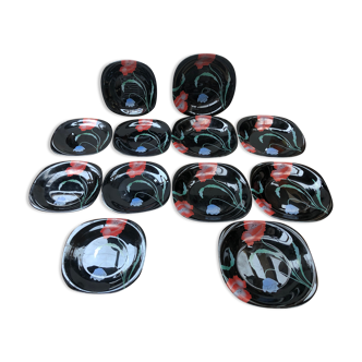 Series 12 old black opaline plates with vintage art deco flower decor