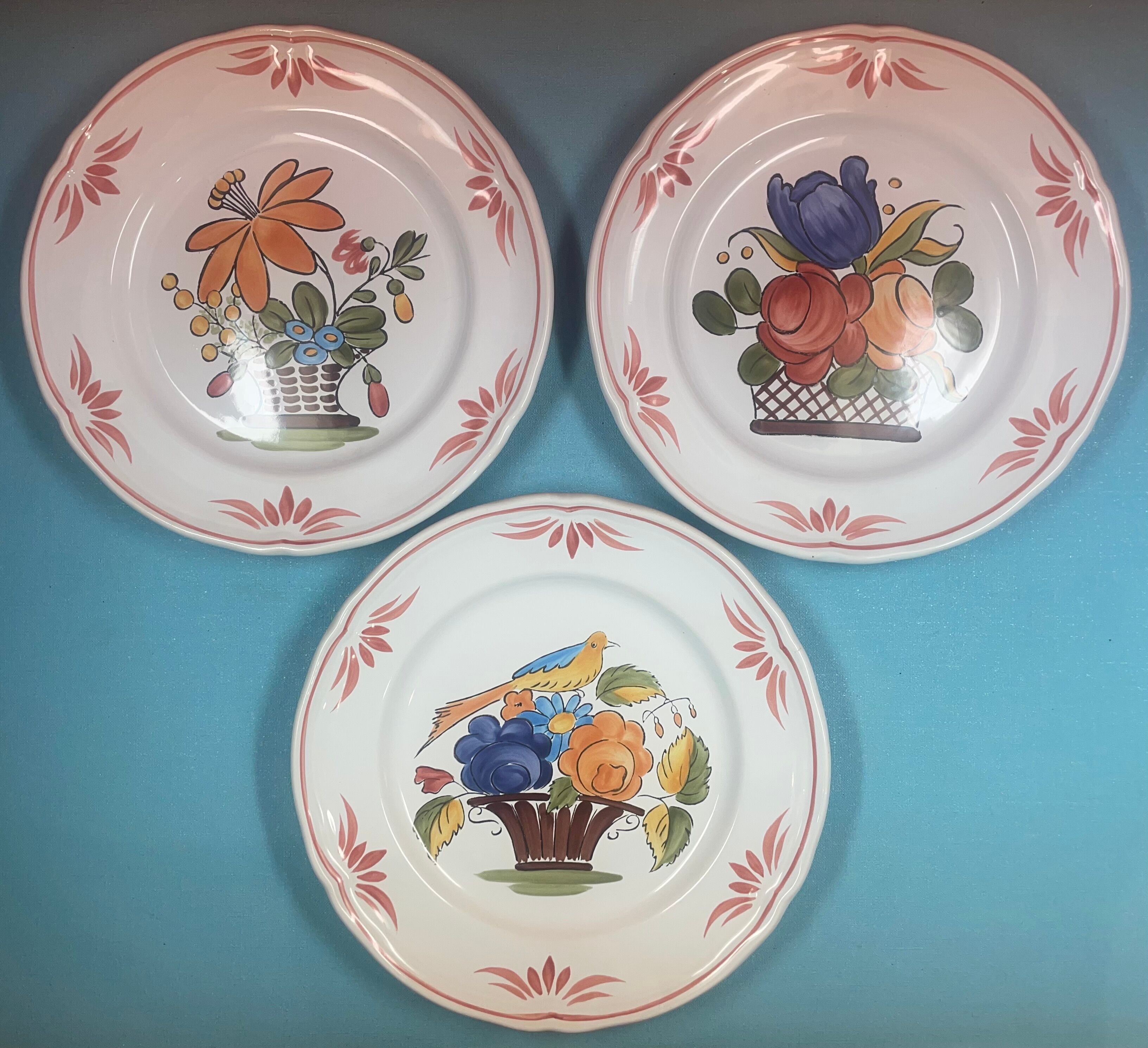 Set of 3 plates Basket Faience of Pornic Bouquets bird