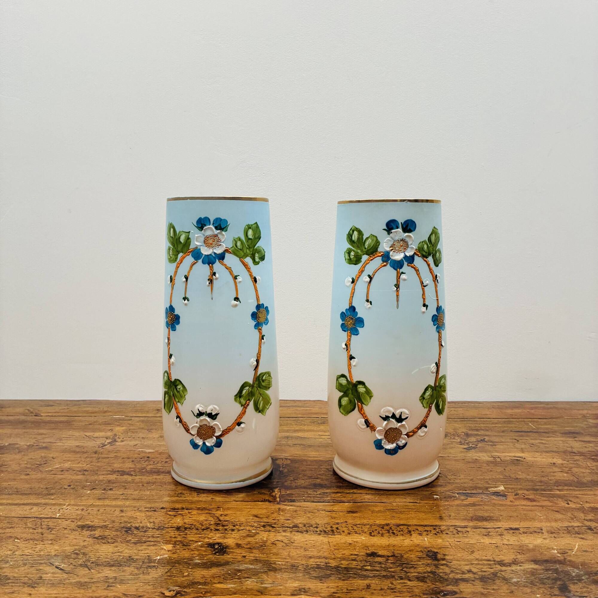 Rare pair of antique hand-painted opaline glass vases – Napoleon 3