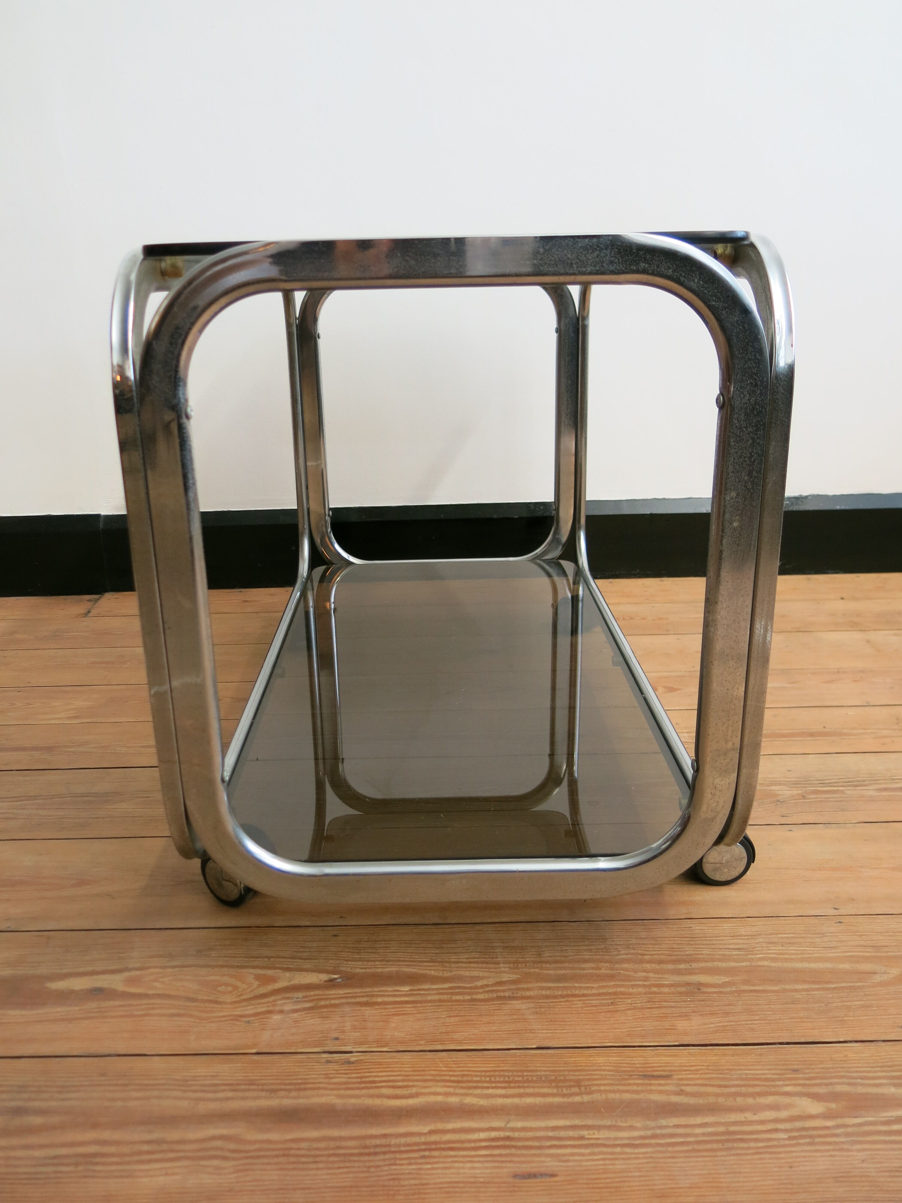 Space Age coffee table in smoked glass and chrome steel, 1970s