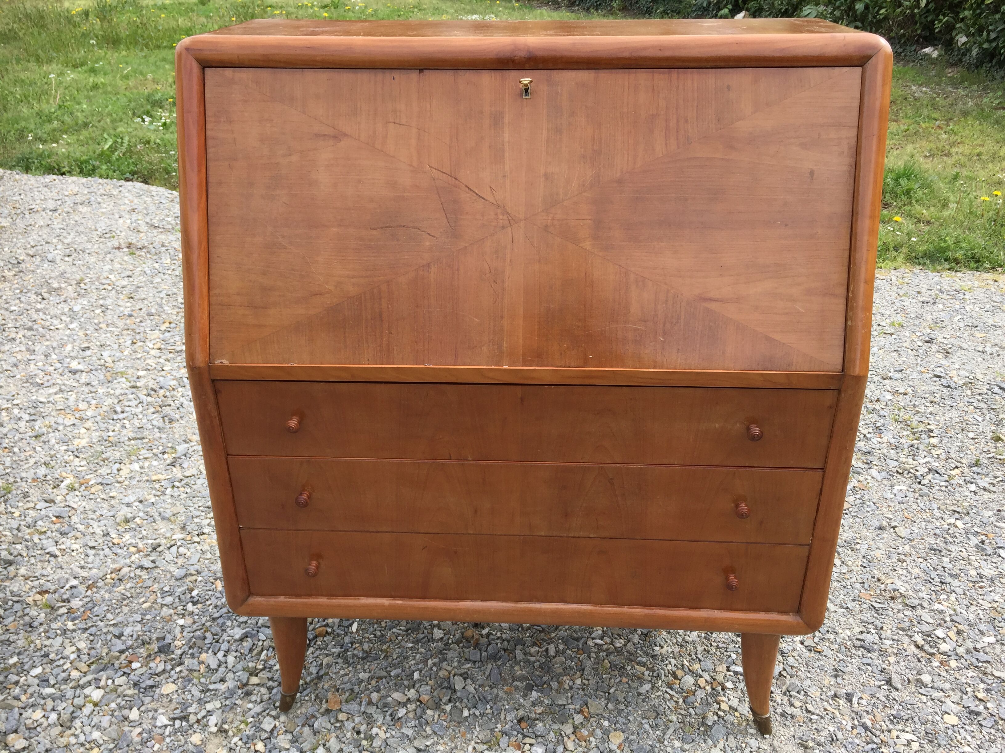 Vintage secretary desk, known as donkey's back, in cherry wood, Italian by Marelli & Fratelli.
