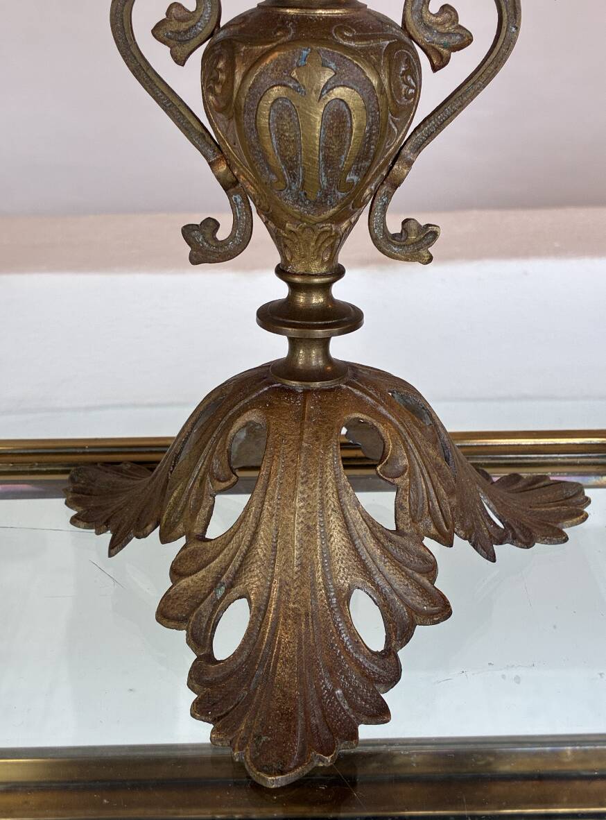 Pair of French Brass Candelabras with Opaline Glass Flowers and Grape Motif