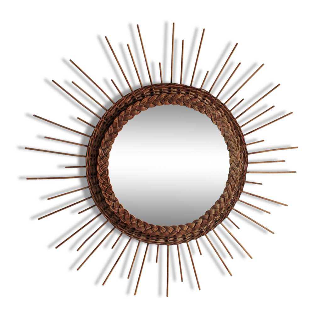 Grand miroir "soleil" vintage en osier Selency