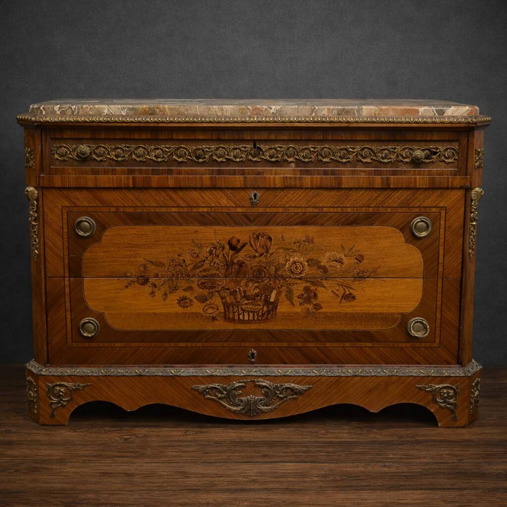 Marquetry commode Napoleon III – Marble top – Gilded bronzes