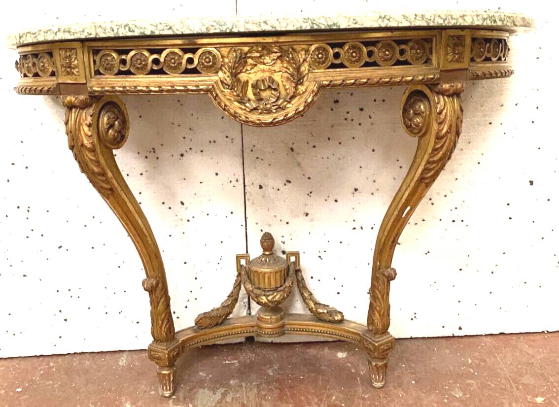 Louis XVI style console in gilded wood 20th century Veined green marble top