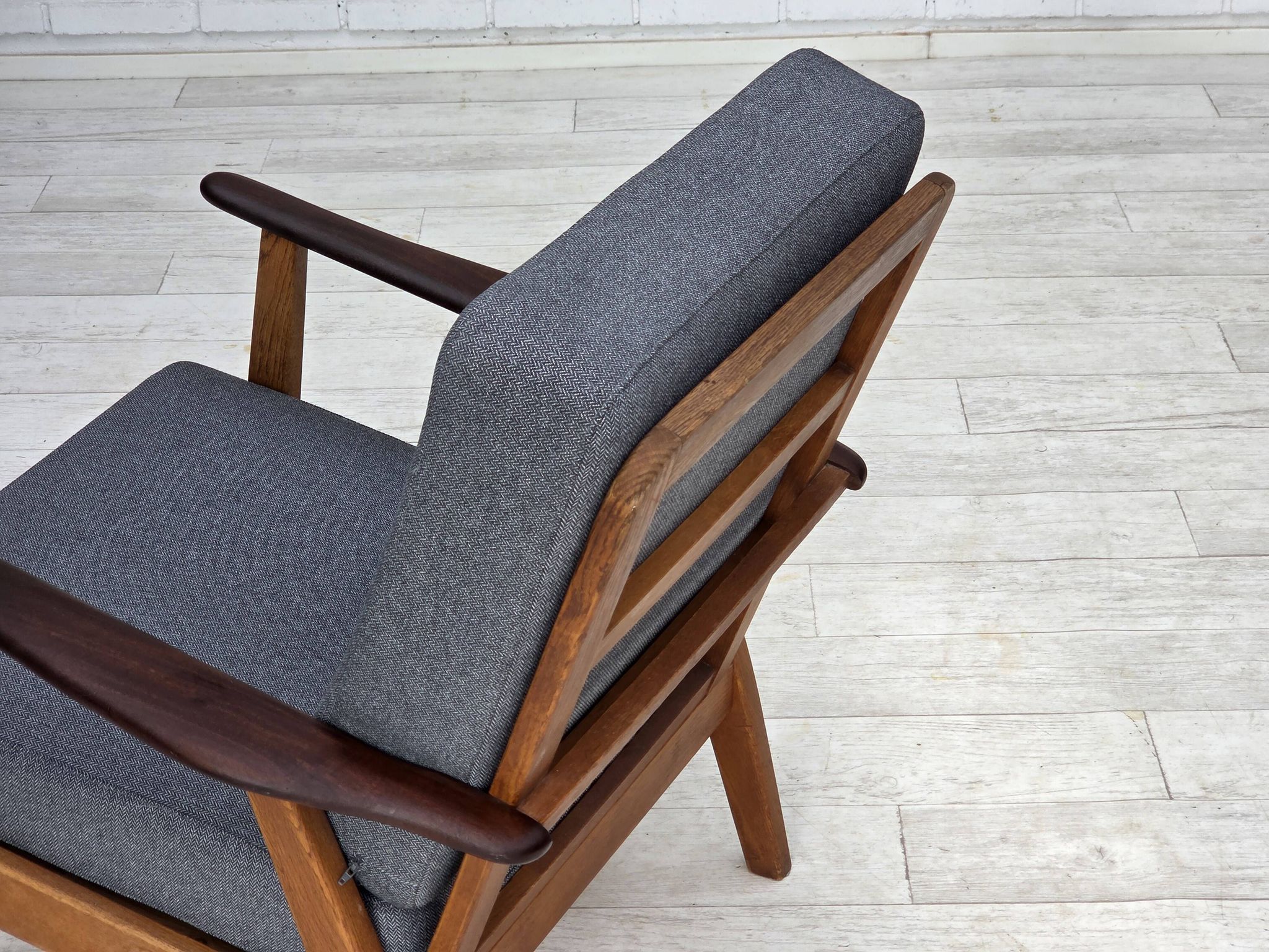 1970s, pair of Danish armchairs, reupholstered, furniture wool, teak, oak.