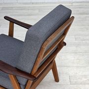 1970s, pair of Danish armchairs, reupholstered, furniture wool, teak, oak.