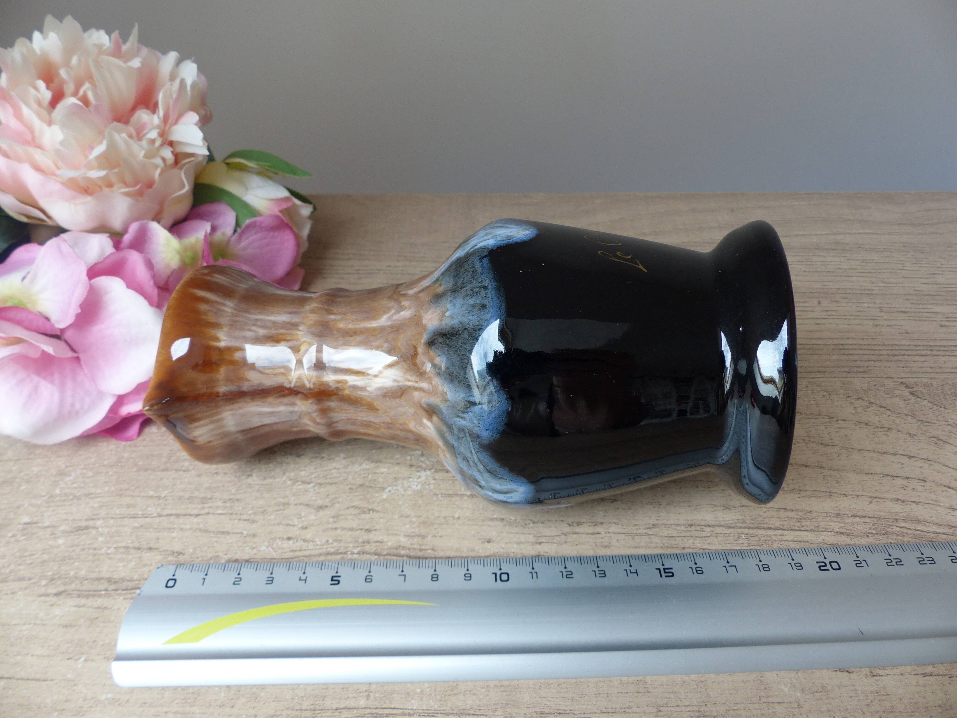 Old wine pitcher carafe in brown and blue flamed stoneware vintage 1960