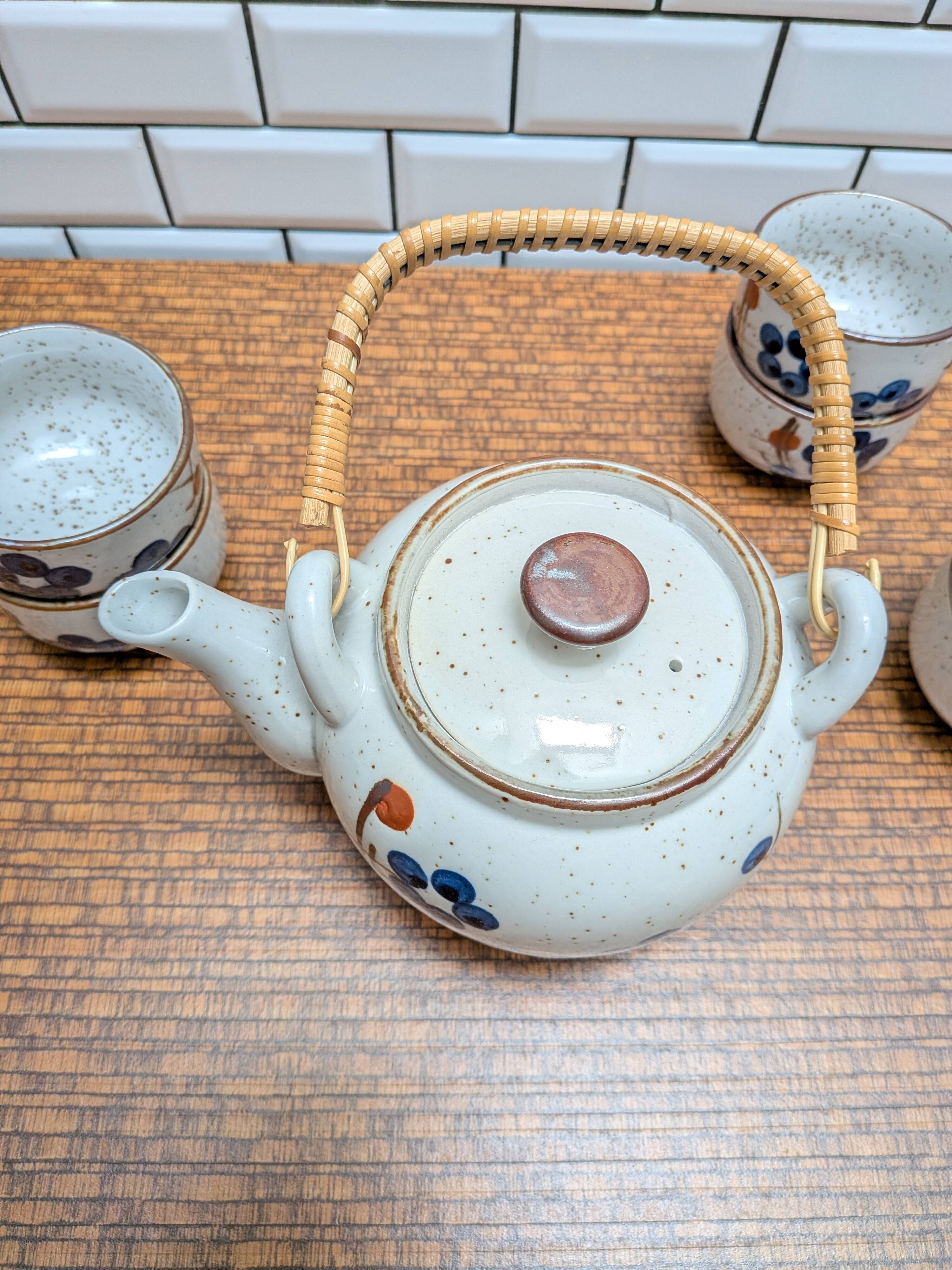 Japanese tea service stoneware bamboo teapot 6 cups 70s hand-painted blueberry