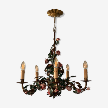 Chandelier flowers, roses and foliage, in gilded metal, Ciani Italy 1950