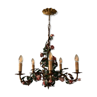 Chandelier flowers, roses and foliage, in gilded metal, Ciani Italy 1950