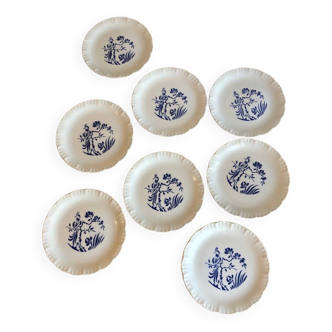 Set of 8 Digoin dessert plates blue white birds paradise model