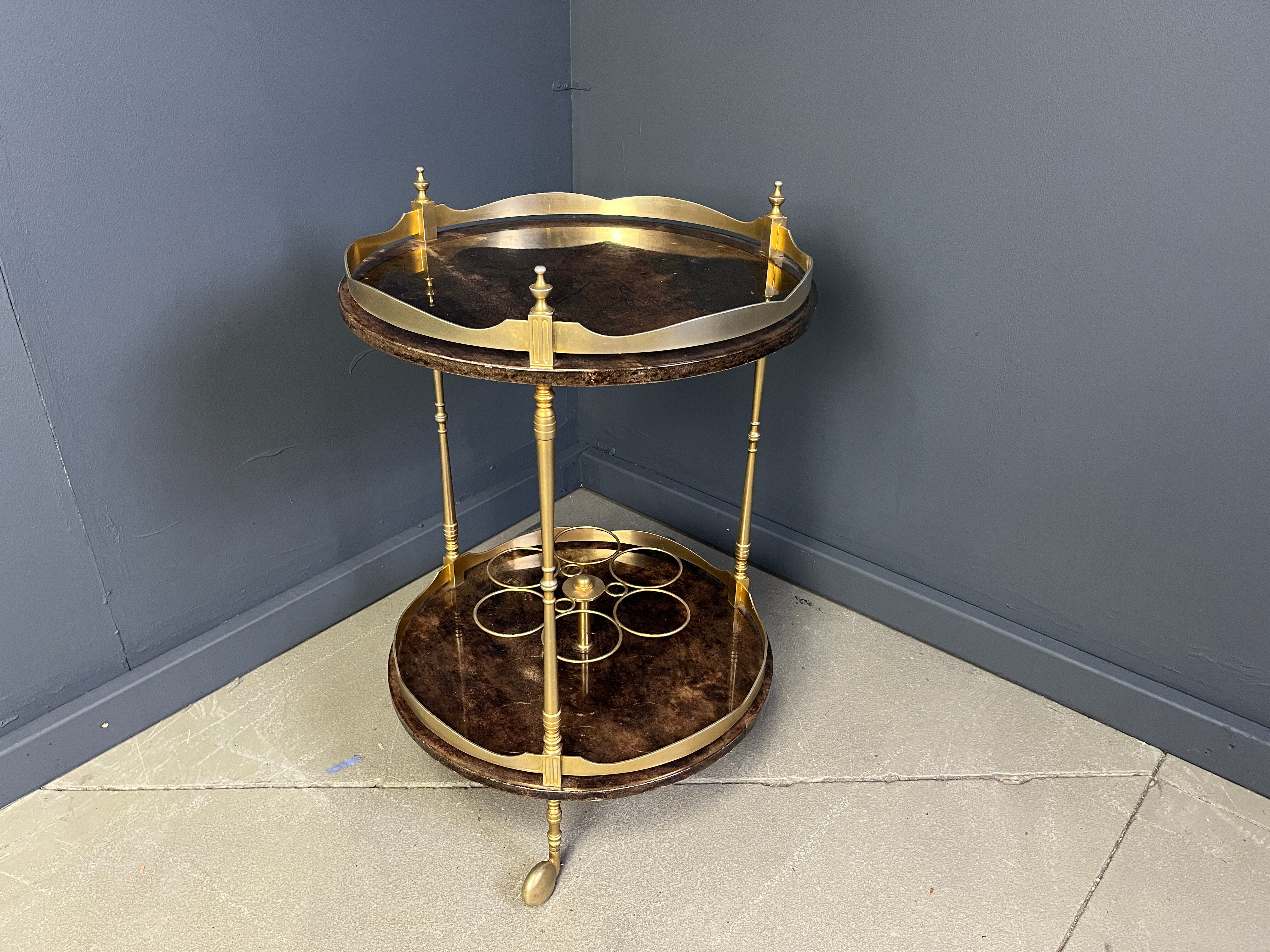 Italian lacquered goatskin / parchment serving bar cart by Aldo Tura