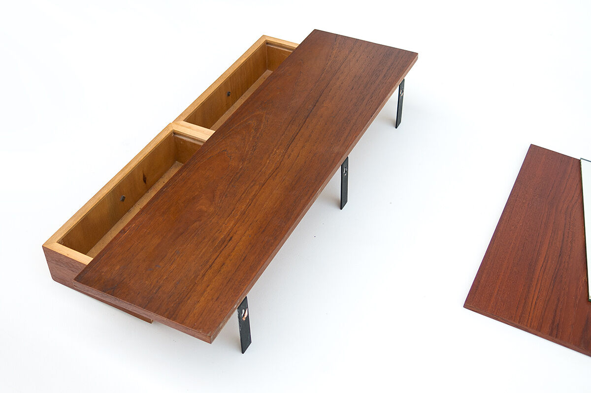Teak mirror and shelf with drawers, 1950s