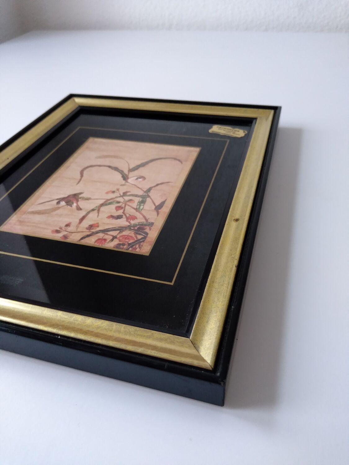 Frame decoration birds black and gold handmade screen printing France