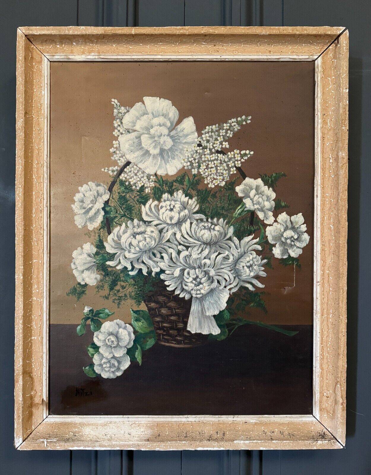 Oil on canvas by Mitzi 20th century still life bouquet of flowers whitewashed frame
