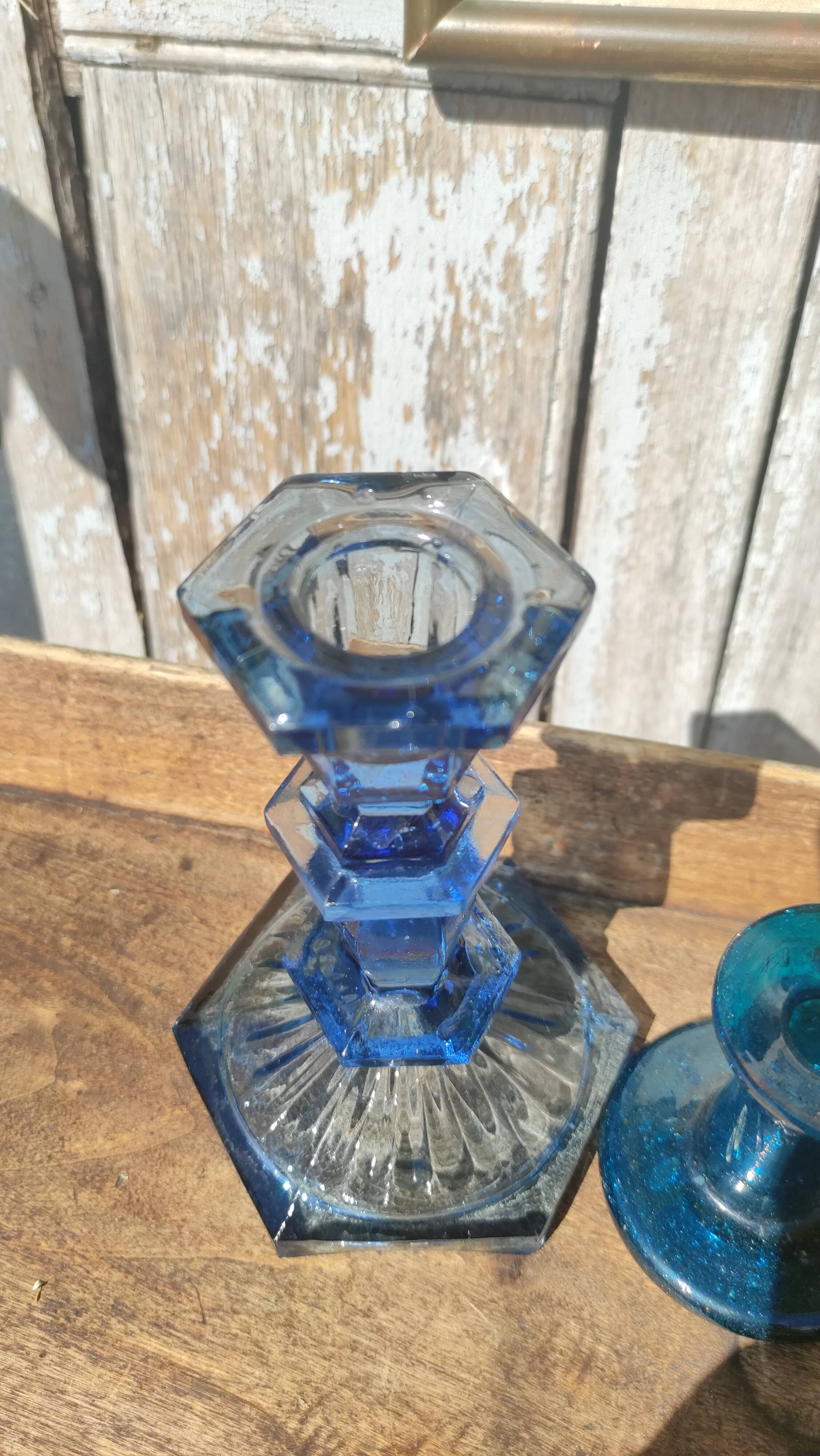 Bougeoirs vintages en verre épais bleu et turquoise