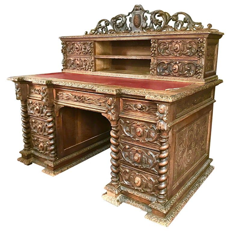 Hand-carved wooden desk in neo-renaissance style Henri II around 1870