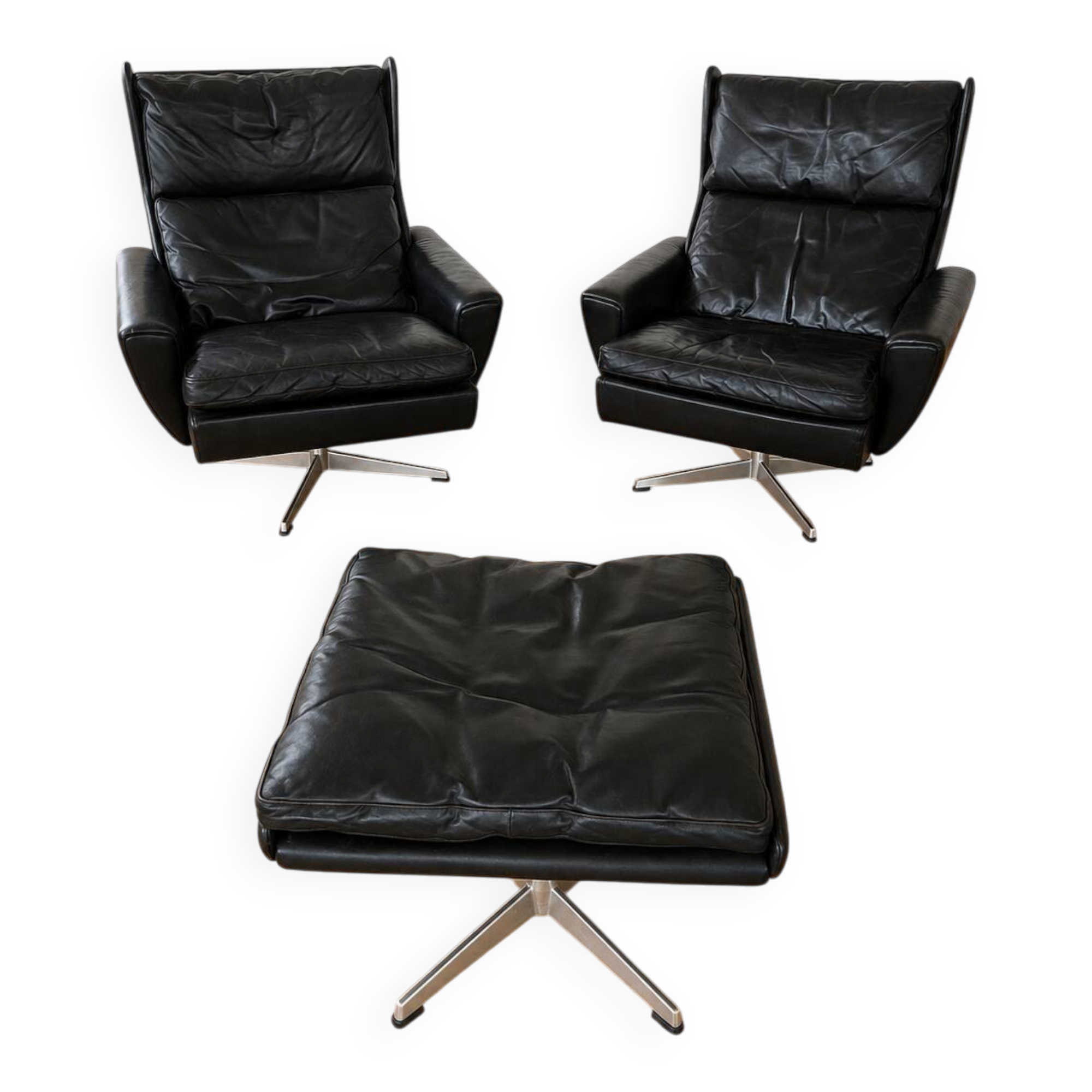 Vintage Danish Georg Thams matching black leather lounge chairs 1970s
