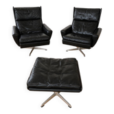 Vintage Danish Georg Thams matching black leather lounge chairs 1970s