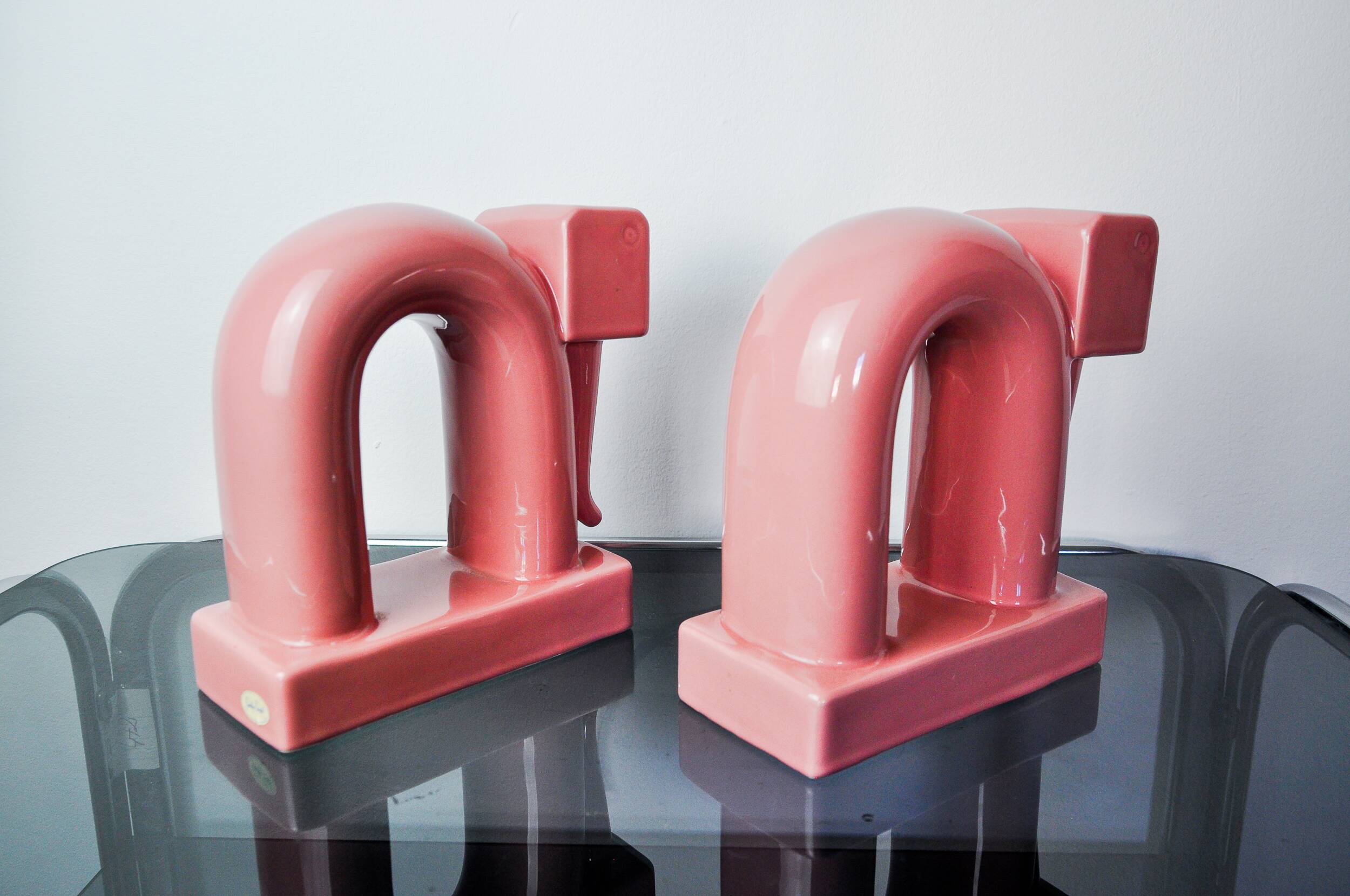 Pair of pink elephants by Guadalupe Coronado, Bookends, ceramic, Spain, 1980