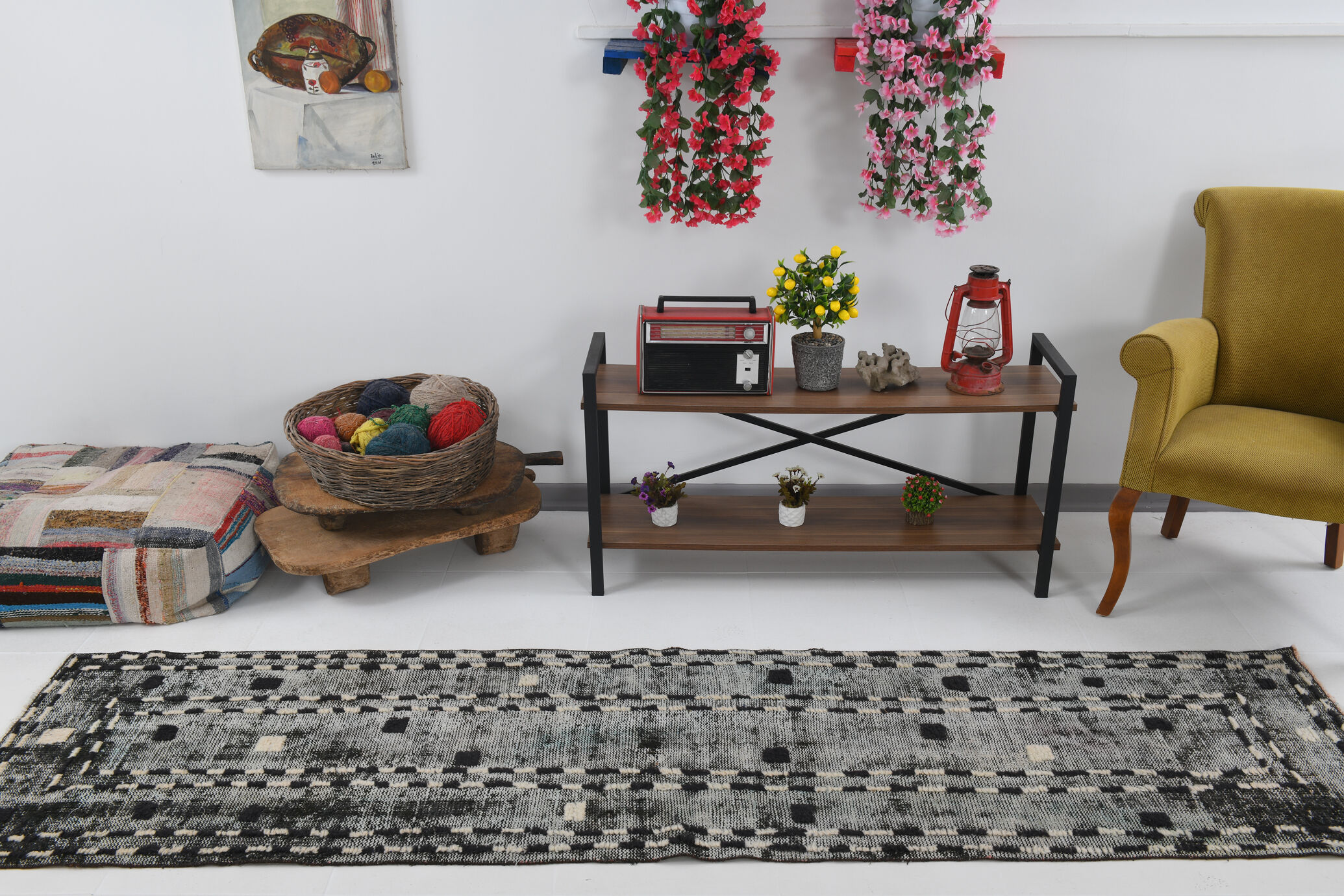 3x9 handmade pom pom vintage runner rug 285x73cm