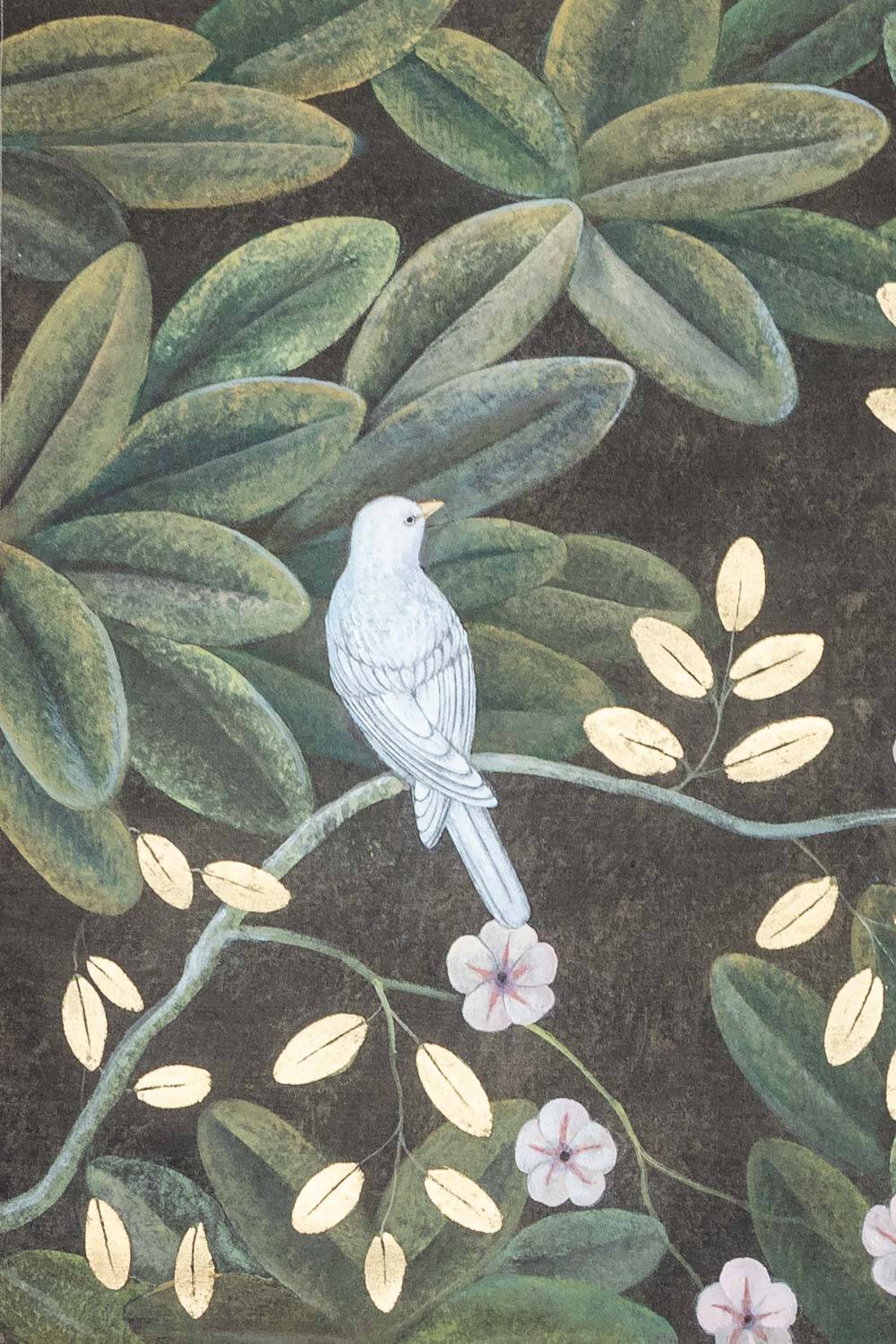 Painted canvas depicting flowers and birds. Contemporary work.