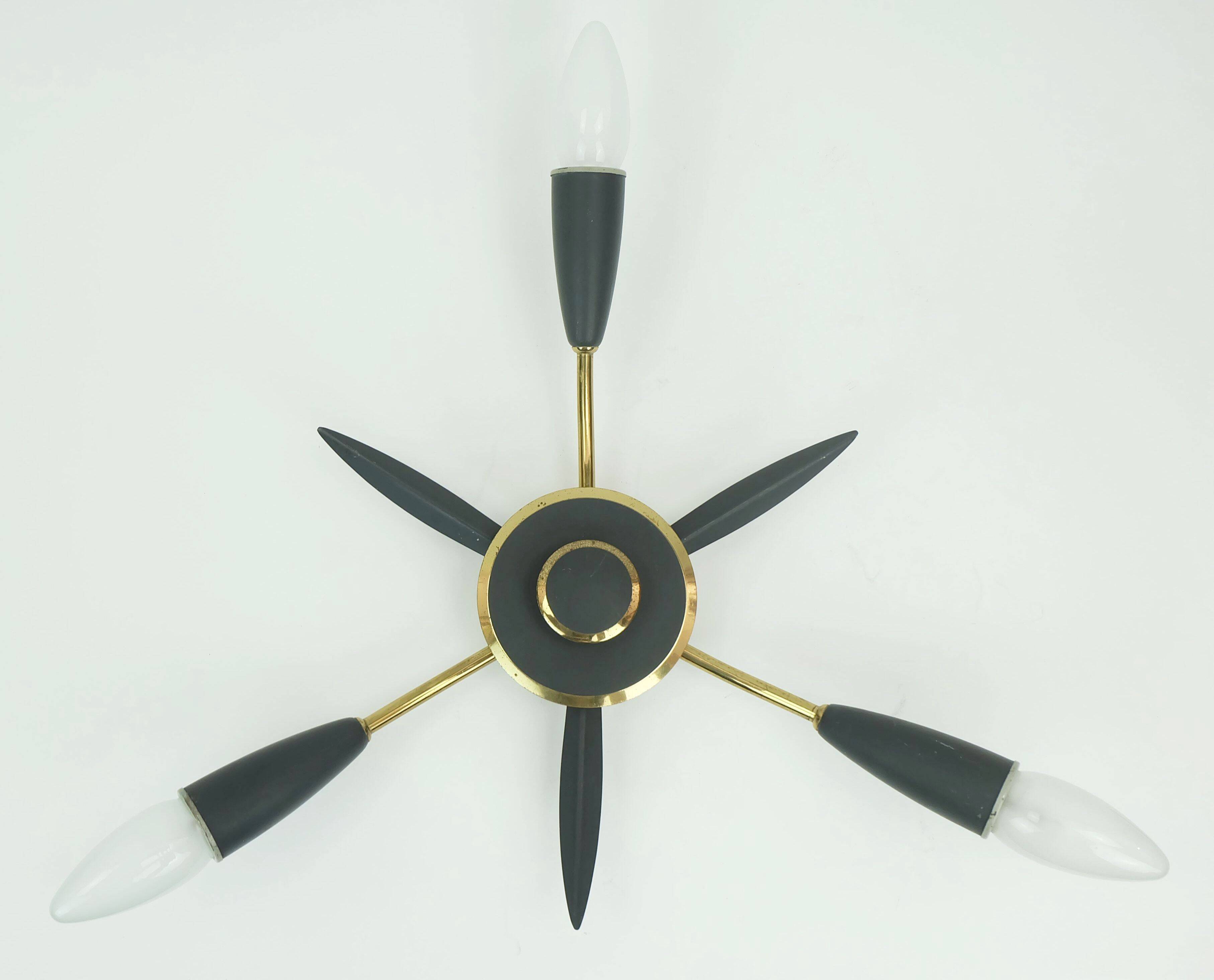 1950s mid century sputnik 3-light CEILING FIXTURE brass and dark grey metal
